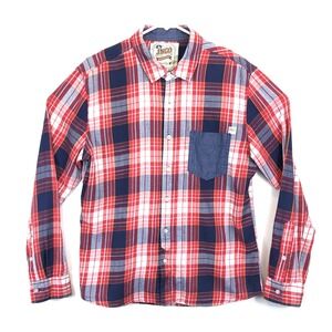 JNCO Mens Large Long Sleeve Red Blue Plaid Button Up Flannel‎ Shirt Blue Pocket